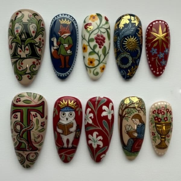 Handmade Medieval Fairytale Nails | Painted Fox, Owl & Royal Ornament Press On