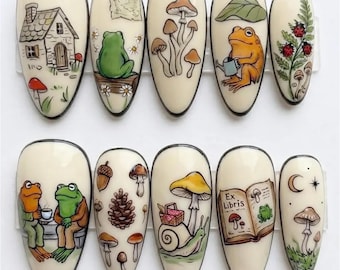 Cottagecore Frog and Toad Press On Nails | Mushroom Cottage Snail Pinecone Book Ladybug Vintage Storybook Fake Nails