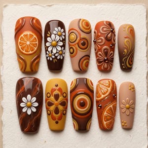 Retro 70s Groovy Press On Nails | 3D Orange Slice, Daisy Flower, Mod Swirl Designs