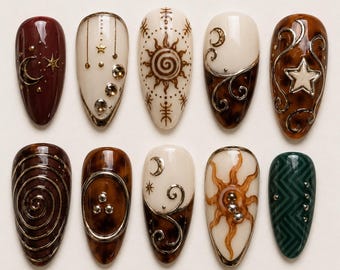 Vintage Celestial Press on Nails | Sun Moon Star Art | Tortoiseshell Gold Metallic Custom Luxury Fake Nails