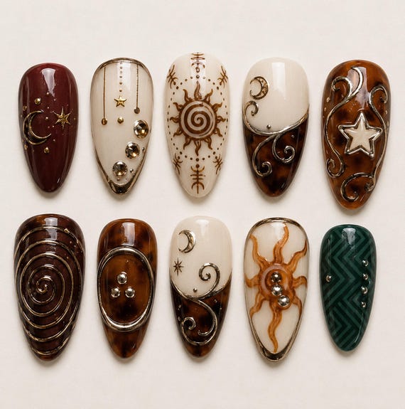 Vintage Celestial Press on Nails | Sun Moon Star Art | Tortoiseshell Gold Metallic Custom Luxury Fake Nails