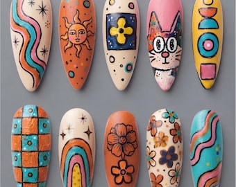 Groovy 70s Retro Boho Press On Nails | Whimsical Cat Celestial Sun Rainbow Flower Power Colorful Fake Nails