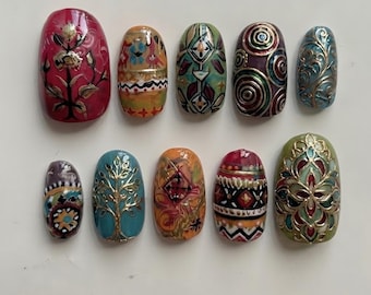 Bohemian Ethnic Pattern Press On Nails | 3D Gold Tree of Life Mandala Mosaic Stained Glass Fake Nails