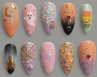 Cute Pastel Halloween Press On Nails | 3D Ghost Spiderweb Candy Corn Skull Gold Charm Fake Nails