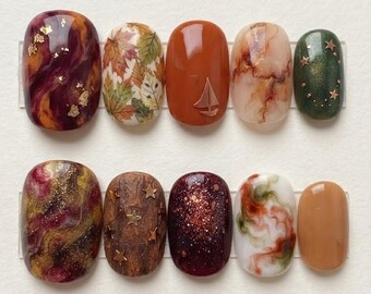 Handmade Press On Nails | Autumn Amber Marble & Leaves | Gold Foil Accents, Forest Green Star Nails Set
