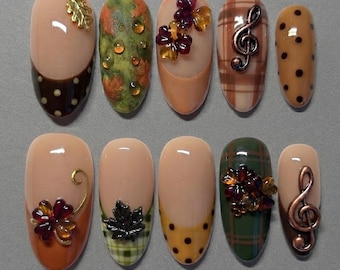 Handmade Press On Nails | Autumn Treble Clef & Amber Flowers | Plaid Pattern, Metallic Maple Leaf Fall Nails Set