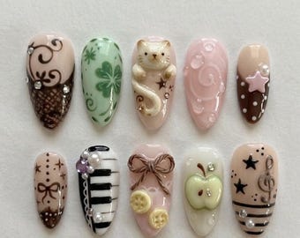 Handmade Press On Nails | Royal Victorian Botanical | 3D Golden Bird, Dragonfly, Embossed Roses & Navy Filigree Set