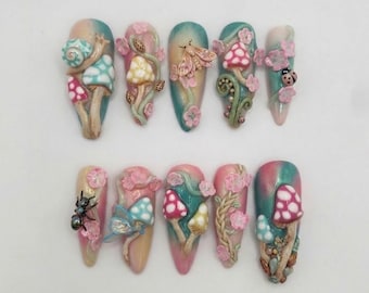Fairycore Mushroom Press On Nails: Snail, Moth, Beetle, Flowers & Whimsical Enchanted Garden Design