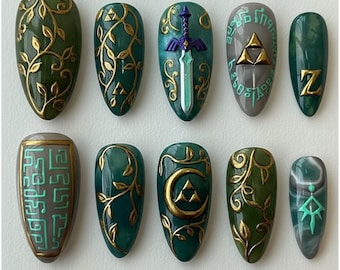 Handmade Zelda Quest Nails | Master Sword, Triforce & Elven Leaf Press On
