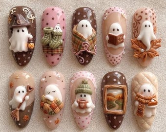 Cozy Autumn Fall Ghost Press On Nails | 3D Cute Ghost Plaid Blanket Coffee Scarf Maple Leaf Fake Nails