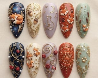 Cute Woodland Fox Press On Nails | 3D Cute Sleeping Fox Acorn Berry Celestial Moon Gold Leaf Cottagecore Autumn Fake Nails