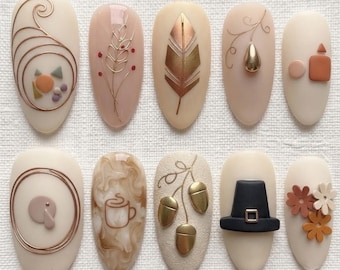 Minimalist Thanksgiving Fall Press On Nails | 3D Pilgrim Hat Acorn Coffee Latte Feather Wheat Fake Nails