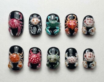 3D Realistic Crab Ocean Press On Nails | Hand Sculpted Colorful Sea Creature Black Base Fake Nails
