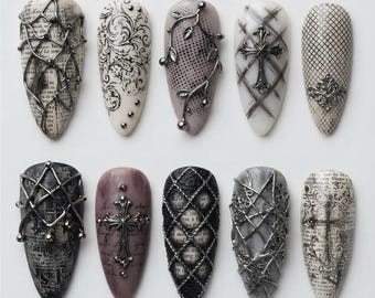 Dark Academia Gothic Cross Press On Nails | 3D Silver Cage Wire Vintage Newspaper Filigree Fake Nails