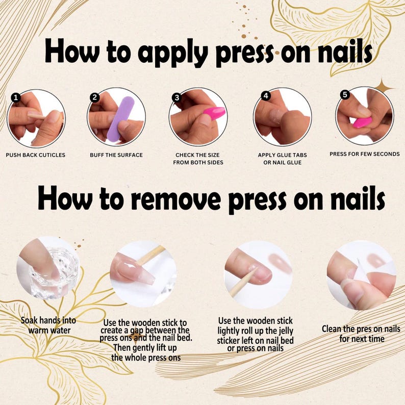 May include: A guide on how to apply and remove press-on nails. The image shows step-by-step instructions with text and illustrations. The steps include pushing back cuticles, buffing the surface, and applying glue tabs.