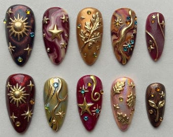 Celestial Whimsigoth Fall Press On Nails | 3D Gold Sun Starburst Oak Leaf Gem Marble Fake Nails