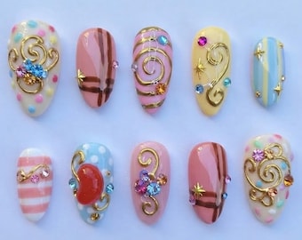 Handmade Press On Nails | Colorful Pastel Magic | Gold Filigree Swirls, Colorful Rhinestones, Kawaii Y2K Nails Set