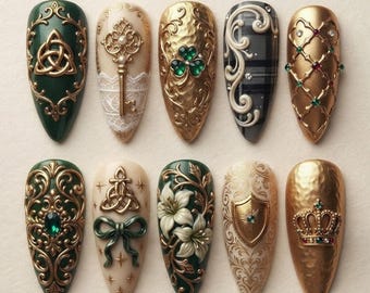 Vintage Royal Celtic Press On Nails | 3D Gold Key Triquetra Shamrock Crown Lily Emerald Green Fake Nails