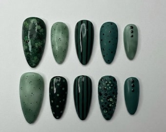 Dark Green Mossy Jade Press On Nails | Speckled Stripe Polka Dot 3D Texture Earthy Witchy Forest Fake Nails