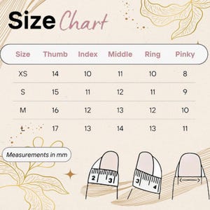 May include: A size chart for nail sizes, with measurements in millimeters. The chart includes sizes XS, S, M, and L, with corresponding measurements for thumb, index, middle, ring, and pinky fingers. The text "Size Chart" is at the top.