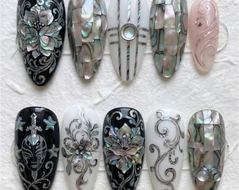 Iridescent Mother of Pearl Abalone Shell Press On Nails | 3D Inlay Floral Mask Dagger Mosaic Fake Nails