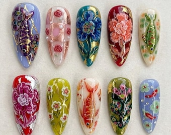 Handmade Press On Nails | Murano Glass Art & Oriental Pond | 3D Koi Fish, Millefiori Floral And Gold Leaf Design