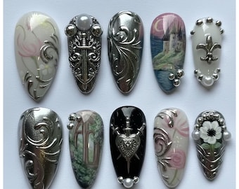 Handmade Knight in Shining Armor Press On Nails | Silver Sword, Royal Fleur-de-lis & Oil Landscape Art | Almond Set