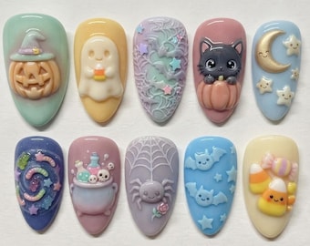 Cute Pastel Halloween Press On Nails | Kawaii Ghost Pumpkin Black Cat Cauldron Candy Corn Fake Nails