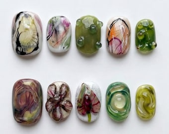 Abstract Botanical Press on Nails | 3D Orchid Glass Droplet Art | Green Purple Watercolor Custom Luxury Fake Nails