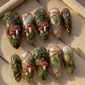 Handmade Magic Mushroom Press On Nails | 3D Moss Forest & Toadstool Fairy Art