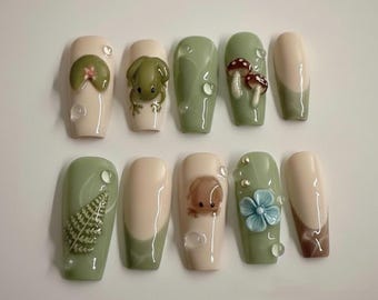Froggycore Gingham Forest Nails | Cute 3D Frog Mushroom & Lily Pad Press Ons