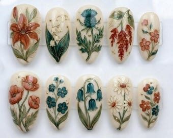 Vintage Botanical Floral Press On Nails | Hand Painted Lily Poppy Thistle Lily of the Valley Fake Nails
