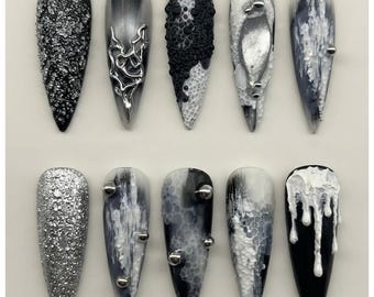 Y2K Cyberpunk Dark Grunge Press On Nails | 3D Silver Chrome Liquid Metal Drip Textured Black White Fake Nails