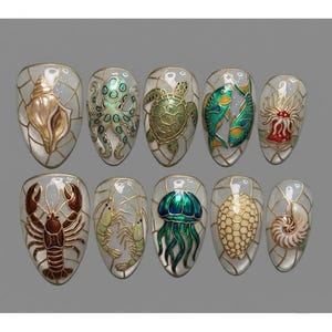 Handmade Nails | Metallic Gold Stained Glass Ocean Animals, Sea Turtle, Octopus, Jellyfish & Shimmer Shells