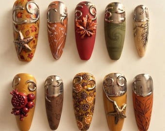 Autumn Harvest Fall Press On Nails | 3D Maple Leaf Pomegranate Pinecone Acorn Silver Chrome Fake Nails
