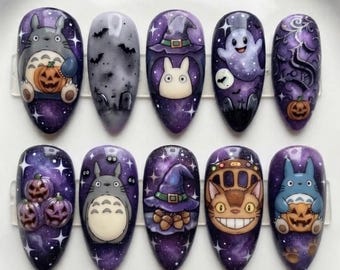 Cute Halloween Totoro Press On Nails | Studio Ghibli Catbus Ghost Pumpkin Witch Hat Purple Fake Nails
