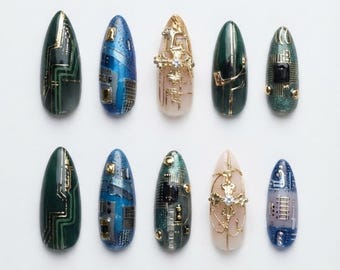 Futuristic Cyberpunk Circuit Board Press On Nails | 3D Gold Tech Lines Microchip Metallic Sci-Fi Gothic Fake Nails