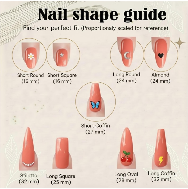 May include: A nail shape guide with examples of different nail shapes, including Short Round (16 mm), Short Square (16 mm), Long Round (24 mm), Almond (24 mm), Short Coffin (27 mm), Stiletto (32 mm), Long Square (25 mm), Long Oval (28 mm), and Long Coffin (32 mm).