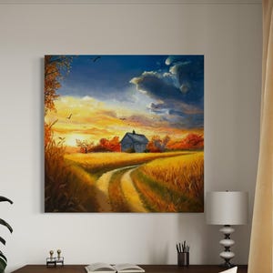 Wheat Field Oil Painting - Golden Wheat Landscape, Countryside Hand painted Art, Cottage Landscape, Original Handmade, Autumn Wall Decor