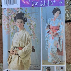 May include: Simplicity costume pattern for adults, featuring a Japanese kimono design. The pattern includes sizes HH 6, 8, 10, and 12. The cover displays images of women in traditional kimono attire. The pattern is by Andrea Schewe.