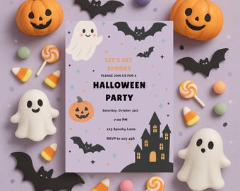 May include: A Halloween party invitation with a purple background, surrounded by Halloween-themed decorations. The invitation features a haunted house, bats, pumpkins, ghosts, and candy. The text reads "Let's Get Spooky" and details the party's date, time, and location.