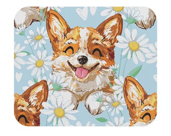 Smiling Corgi with Daisies Mouse Pad | Floral Dog Desk Mat