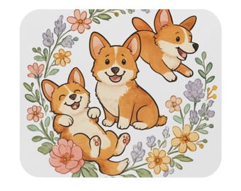 Corgi Floral Wreath Mouse Pad | Cartoon Dog Desk Mat