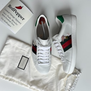 Gucci Ace Kitten and Pig White Luxury Leather Lace Up Sneakers US10 Rare to Find