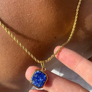 Opal Blue Cut Stone 18k Gold Pendant Necklace for Men