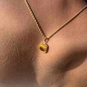 Chocolate Oak Brown 18k Gold Tiger Eye Pendant Chain Necklace for Men
