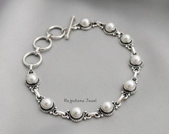 Natural Pearl Gemstone Bracelet, Handmade 925 Sterling Silver, Adjustable Bracelet, Bohemian Stacking Jewelry