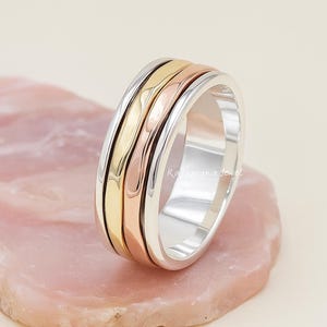 Stacking Two-Tone Sterling Silver Spinner Ring: Handmade Meditation Fidget Ring Statement Jewelry