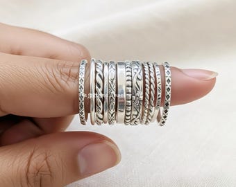 Handmade 925 Sterling Silver Stacking Ring Set, Boho Minimalist Ring, Jewellery Gift For Her