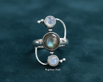 Handmade Sterling Silver Ring, Moonstone and Labradorite Gemstone Statement Boho Women Jewellery